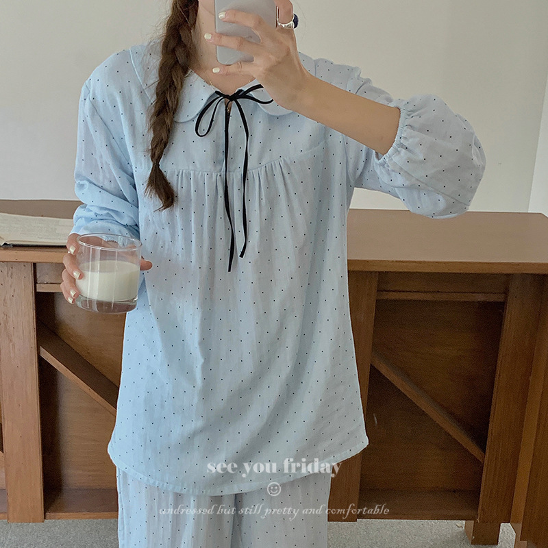 High Density Double Layer Cotton Yarn Long Sleeve Trousers Retro Polka Dot Strap Doll Collar South Korea Spring and Autumn New Pajamas suit High Density Double Layer Cotton Yarn Long Sleeve Trousers Retro Polka Dot Strap Doll Collar South Korea Spring and Autumn New Pajamas suit