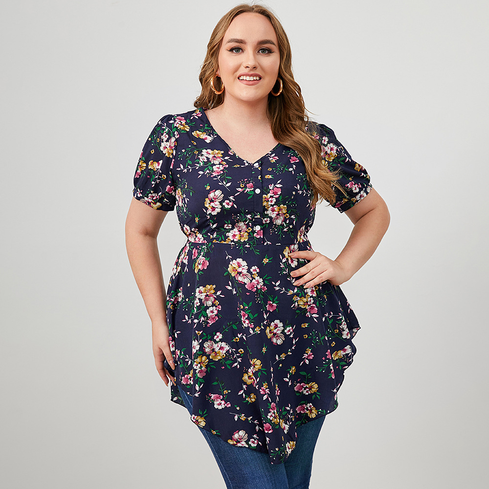 Plus Size Mid-Length V-Neck Short Sleeve Flower Print Top NSWCJ112800