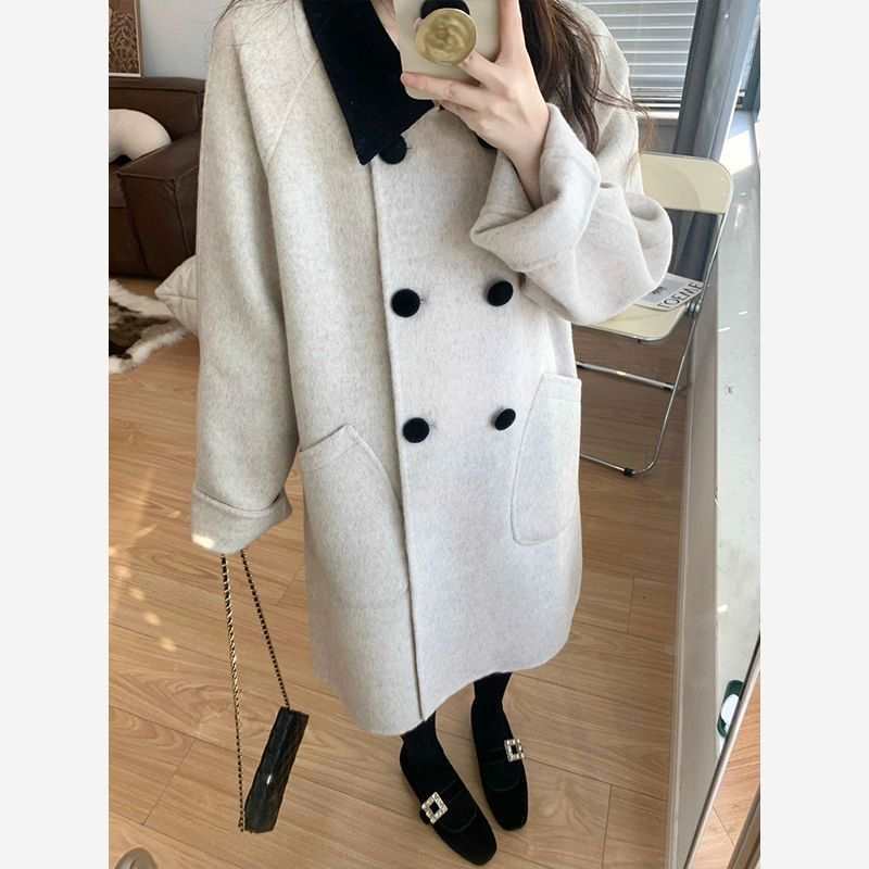 撞色翻领气质毛呢大衣女冬季中长款羊毛呢百搭外套燕麦色雪尼尔