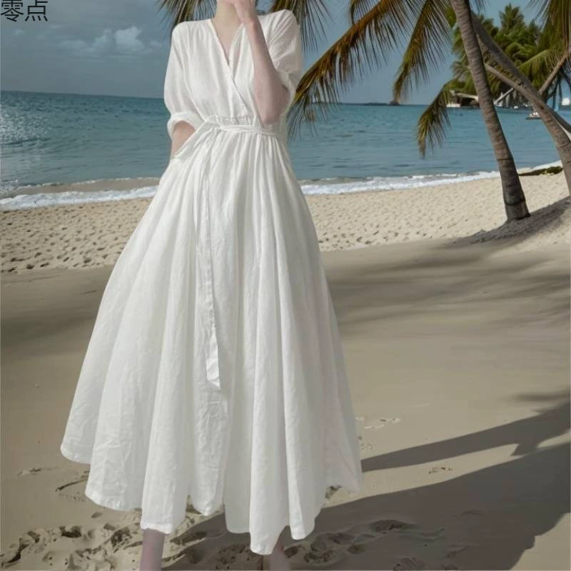 Женское летнее платье больших размеров с воротником, солнцезащитная одежда, женская длинная юбка выше колена с завязкой на талии, юбка с большим подолом, летнее платье для женщин