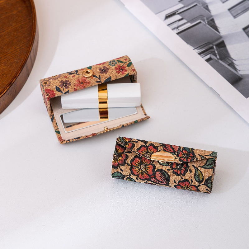 Retro Style Cork Lipstick Storage Box Touch-Up Mirror Portable Mirror Mini Cosmetic Bag Stain-Resistant Cosmetic Box