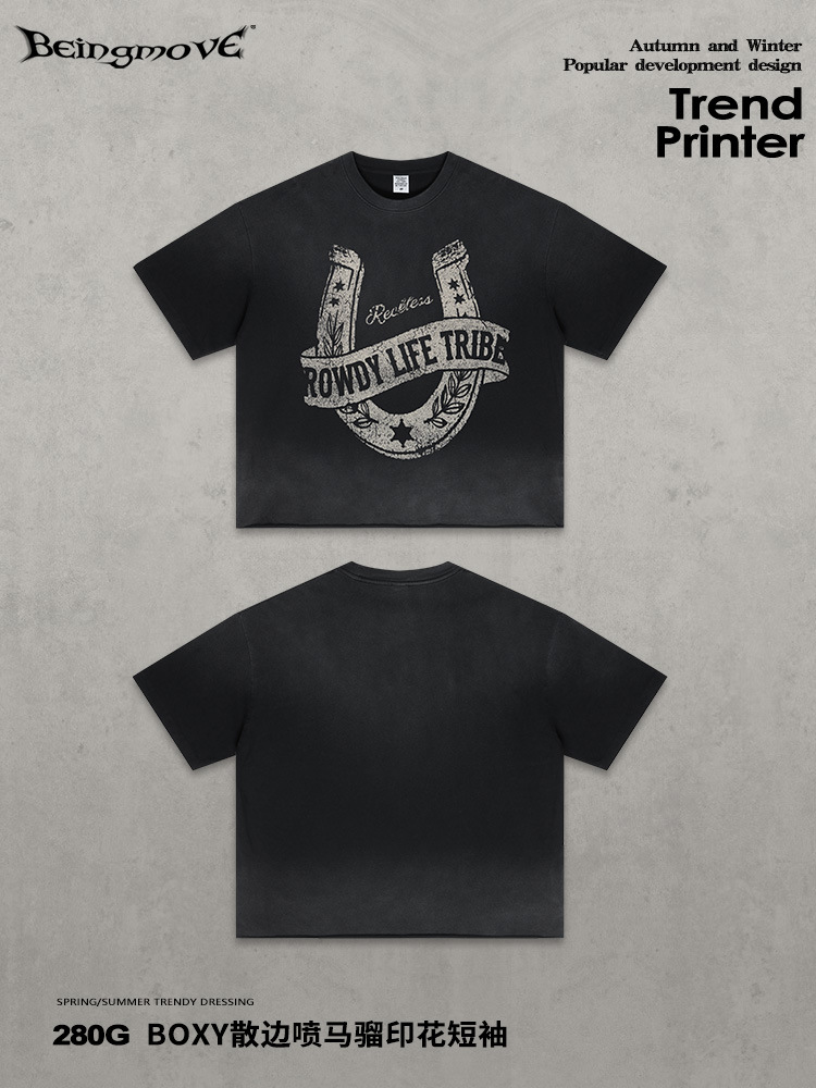 Calle secada| Nuevo estilo americano occidental calles boxy retro de manga corta hacer vieja lavado spray camiseta de impresión de caballo para hombre image 3