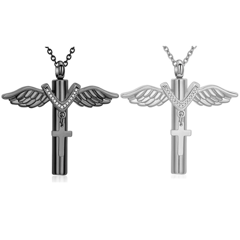 Новое трансграничное ожерелье из нержавеющей стали с перьями и крестом, памятная семейная глянцевая подвеска-урна