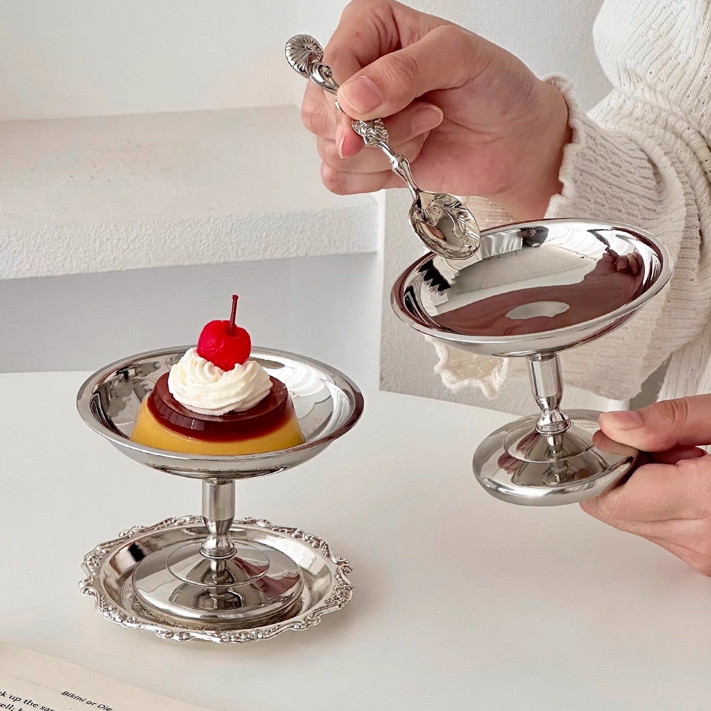 复古不锈钢高脚甜品杯冰淇淋布丁奶冻酸奶碗ins风网红冰激凌杯