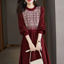 2024秋冬新款高级感假两件连衣裙女复古气质时尚长袖针织毛衣长裙