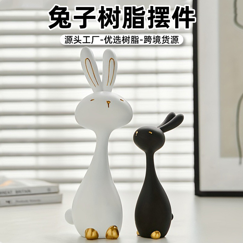 Cartoon Black and White Rabbit Resin Ornaments, Simple and High-End Living Room Resin Crafts Ornaments, Desktop Decoration Ornaments