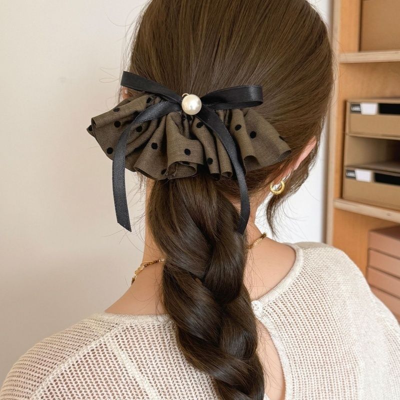 Vintage Half-Up Ponytail Hairpin with a Small Chanel-Style Pattern, Spring Clip, Bowknot, and Pearl Pendant Hair Accessory