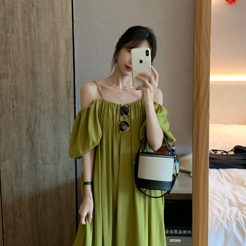 chubby girl Extras Size 150.00kg Green French Style Beach Dress with Flesh Covering off-shoulder dress Women's Summer Loose off-shoulder Fashion