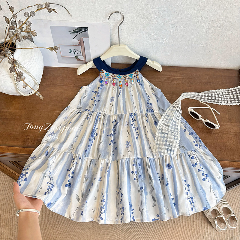 Girls Summer Forest Floral Holiday Dress New Style Children's Girl Casual Sleeveless Suspender Beach Princess Dress