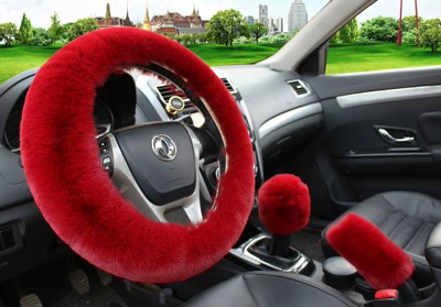 woolen handle cover Rex rabbit plush – Steering wheel cover - wine-red-three-piece-set-38cm