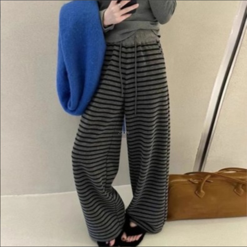 2025 primavera contraste color pierna ancha viento perezoso cintura elástica cordón pantalones casuales pantalones de rayas en blanco y negro de mujer pantalones de trapeador