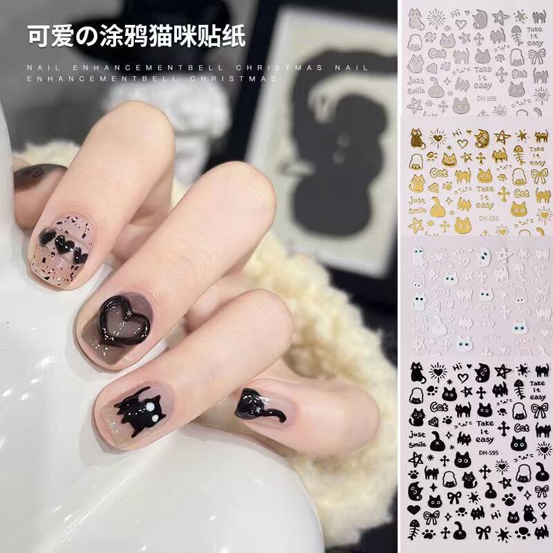 Internet Celebrity Hot Cartoon Sticker Classic Black and White Cartoon Cat New Cute ins Kitty Nail Art Back Adhesive Sticker