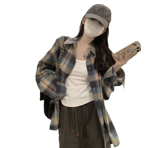 Plaid shirt women's spring summer autumn new Korean style fashionable petite retro long-sleeved blouse casual jacket