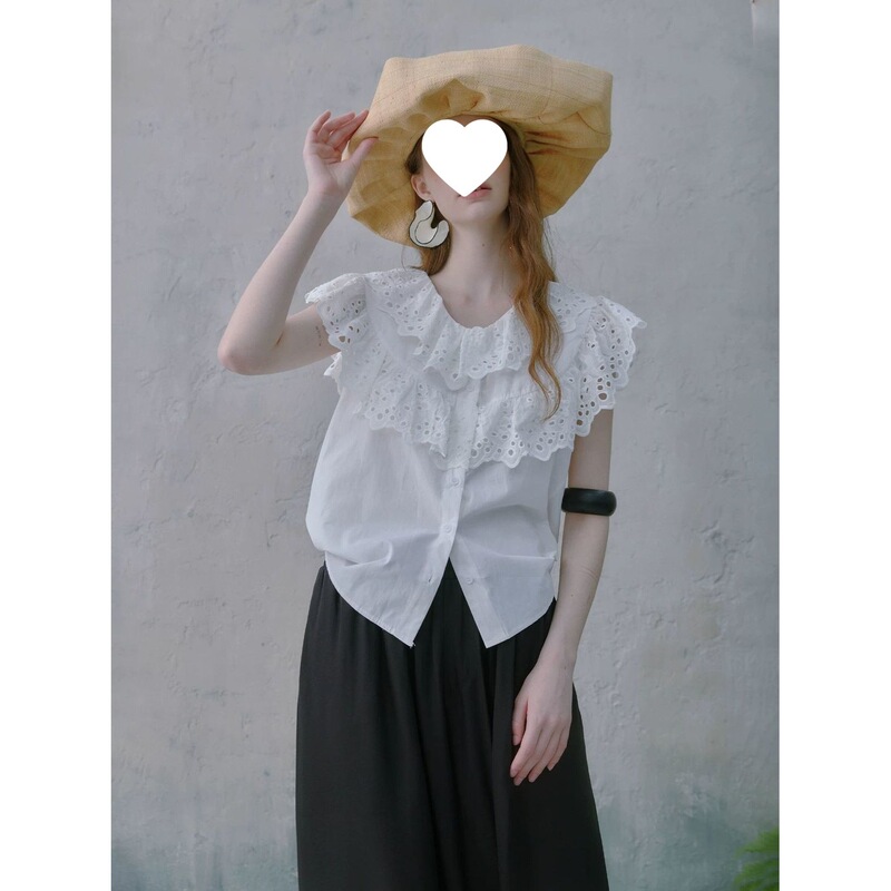 French-Style Sweet Flutter-Sleeve Loose Shirt for Women, New Summer Model, Simple and Youthful, Ruffled Hollow-Out Korean-Style Top