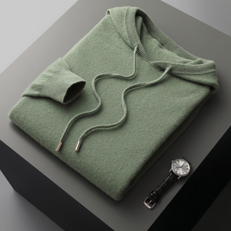 Suéter de Lana 100% Pura de Primera Línea, Sudadera con Capucha para Hombre, Sudadera de Lana Informal sin Costuras, Prenda de Punto