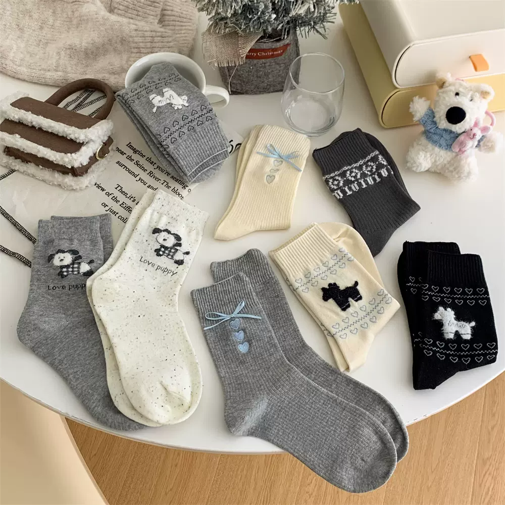 韩里韩气ins风少女袜子植绒狗中筒袜春秋费尔岛爱心蝴蝶结堆堆袜