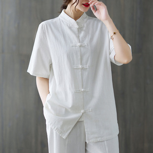 Y Spring and Summer New Cotton and Linen Chinoiserie Stand-Up Collar Button Top Tai Chi Suit Chinoiserie Large Size Outwear Work Clothes Zen Tea Suit