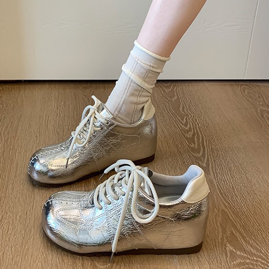 软皮版~内增高6cm小众复古德训鞋女运动休闲系带阿甘鞋芭蕾板鞋|undefined