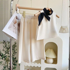 女童淑女風背心套裝夏季新款洋氣時髦蝴蝶結背心長褲兩件套