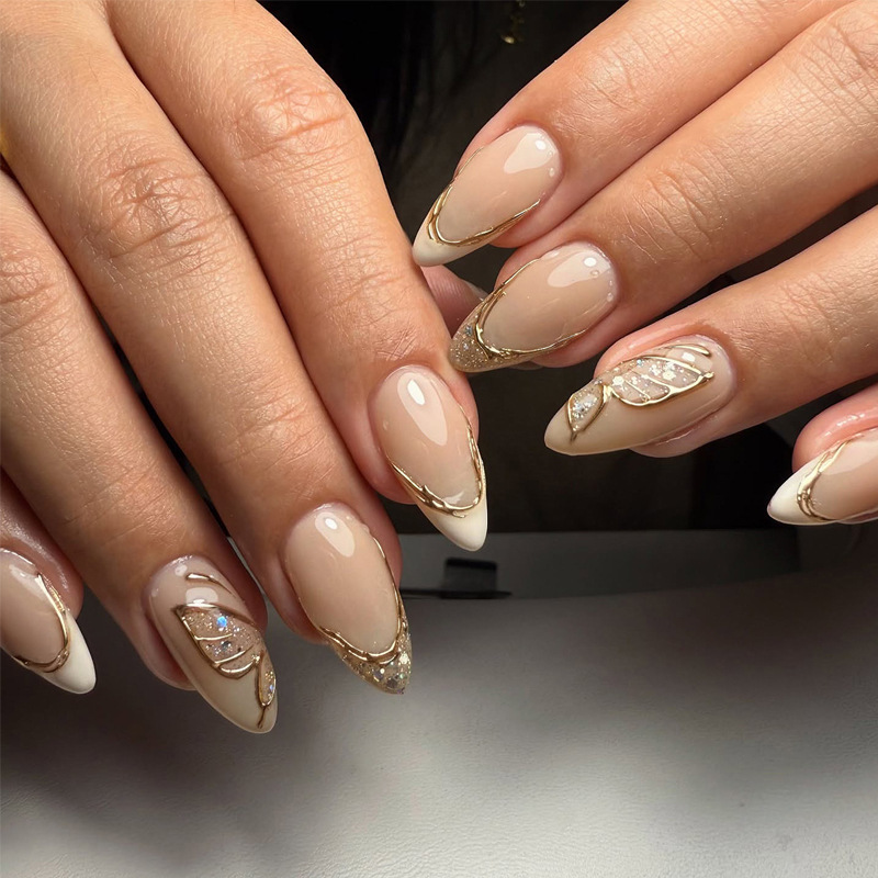 Wearable French White 3D Sparkling Pink Sequin Butterfly Manicure Fake Nails Cross-Border Almond Nails Wholesale