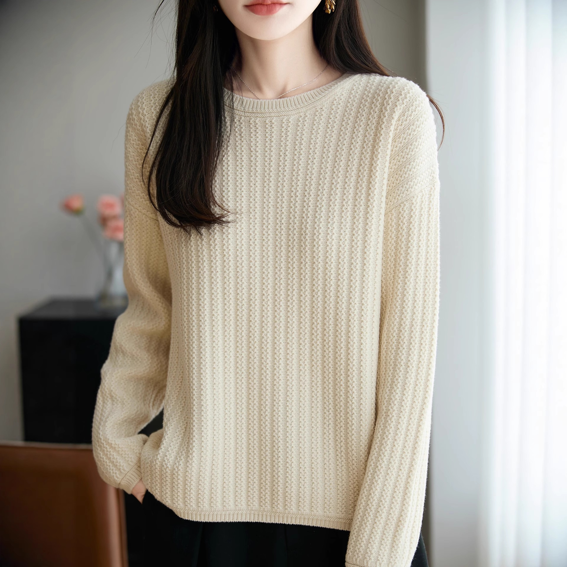 Heavy Jacquard 100% Cotton Thick Base Shirt for Women, New Autumn and Winter 2025 Round Neck Versatile All-Cotton Knit Sweater