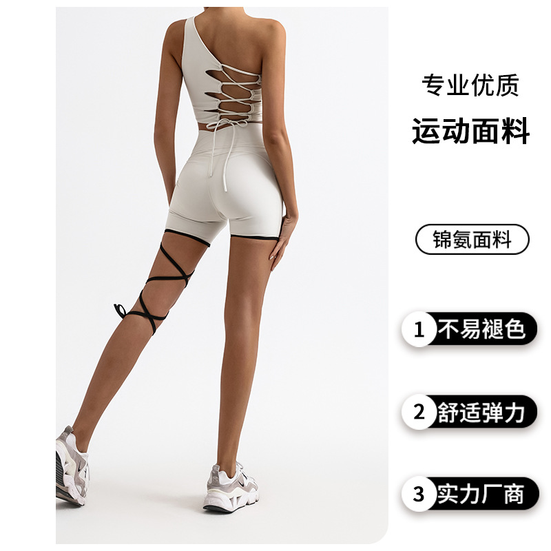 Europeo y americano deportes traje de Fitness Mujer de un hombro belleza espalda yoga superior cintura alta entrenamiento de secado rápido con cordones cortos conjunto de dos piezas