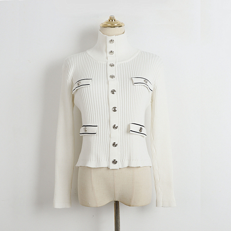 French Niche S-Button Turtleneck Knitwear Spring, Autumn and Winter Slim Stretch Pit Striped Rib Contrasting Fake Flap Pocket Pants Top