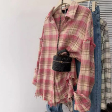 美式复古粉色格子衬衫外套女长袖上衣衬衣慵懒风秋季2024早春新款