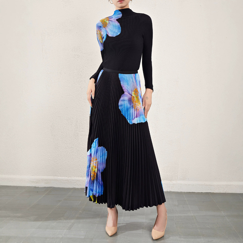 Miyake Fashion Printed Slim-Fit Pleated Suit Autumn New Long-Sleeve Top and Skirt Set with Half-High Collar Two-Piece Set