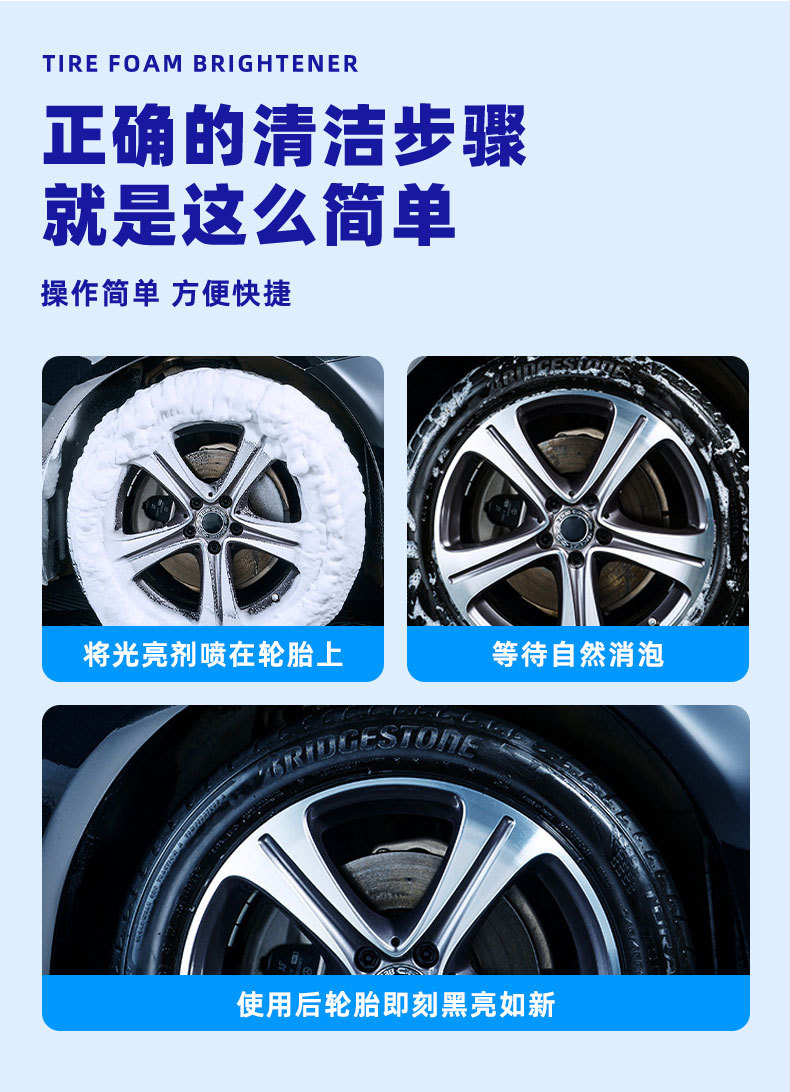 Car Tire Wax Decontamination, Polishing and Brightening Cleaning Agent, Anti-Aging, Blackening and Durable Maintenance Tire Foam Brightener