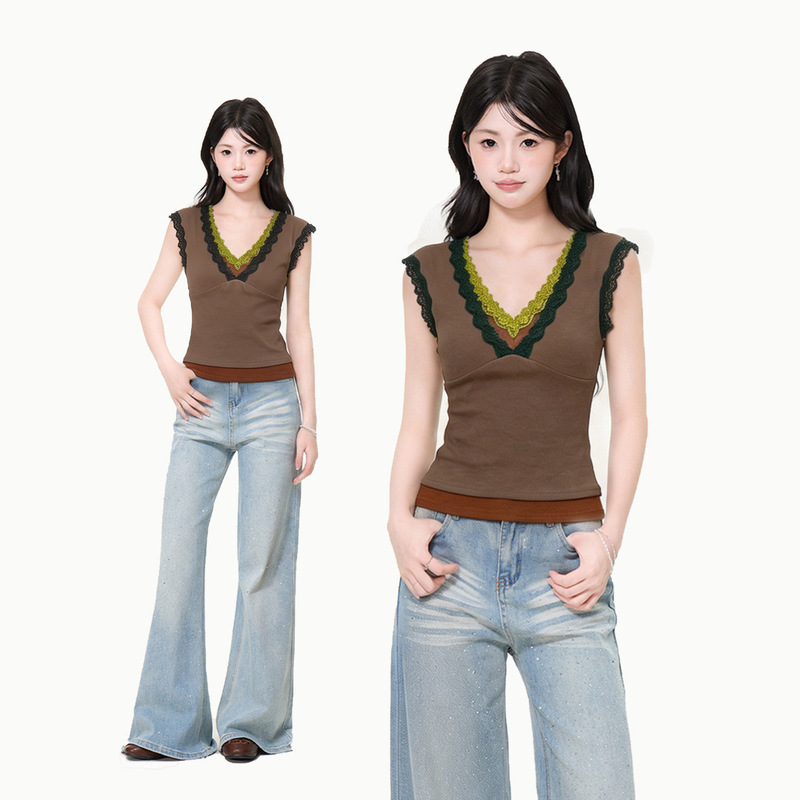 Brown Lace Trim V-Neck Sleeveless T-Shirt for Women, Summer 2026 Slim Fit Faux Two-Piece Top Brown Lace Trim V-Neck Sleeveless T-Shirt for Women, Summer 2026 Slim Fit Faux Two-Piece Top