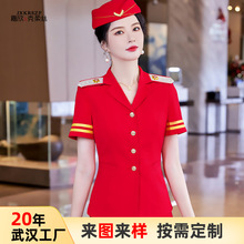 夏季新款航空制服红色短袖地铁空姐制服修身高铁航空学校套装定制