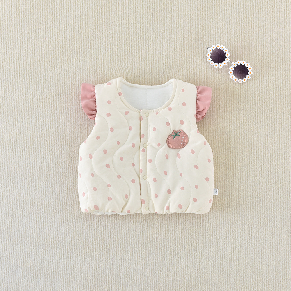 秋冬季新款女宝宝外出花边袖口可爱圆点点马甲外出洋气棉马甲保暖