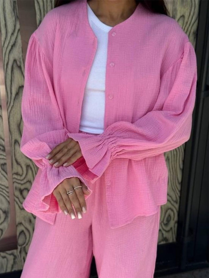Bộ cardigan dài tay + quần ống rộng tay đèn lồng chất liệu cotton — màu hồng, màu đen, quả mơ chi tiết 10