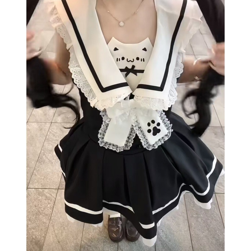 甘い年齢軽減かわいい女の子ロリータコントラストカラーステッチレースネイビーカラーファッショナブルなふわふわドレス小清新|undefined