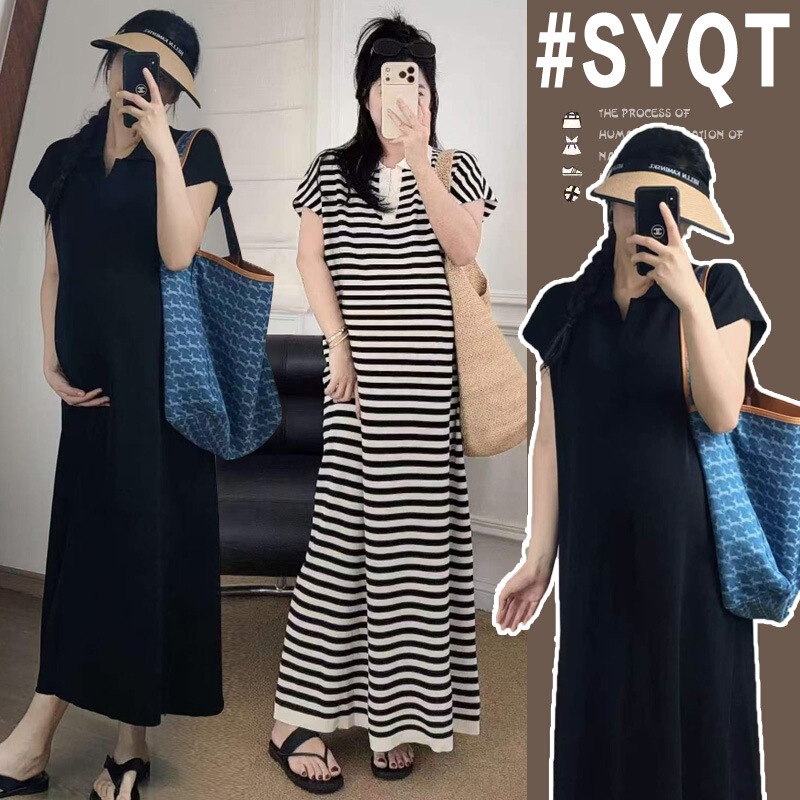 Maternity Dress Summer Polo Collar Plus Size Belly-Covering Long Style Lazy Style Striped Knit Dress for Going Out during Pregnancy in Summer Maternity Dress Summer Polo Collar Plus Size Belly-Covering Long Style Lazy Style Striped Knit Dress for Going Out during Pregnancy in Summer