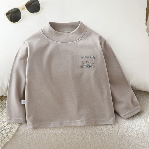 Children's spring, autumn, winter, velvet bottomed shirt, semi-high-collar, Korean style, small and medium-sized children's top, baby's long-sleeved warm T-shirt