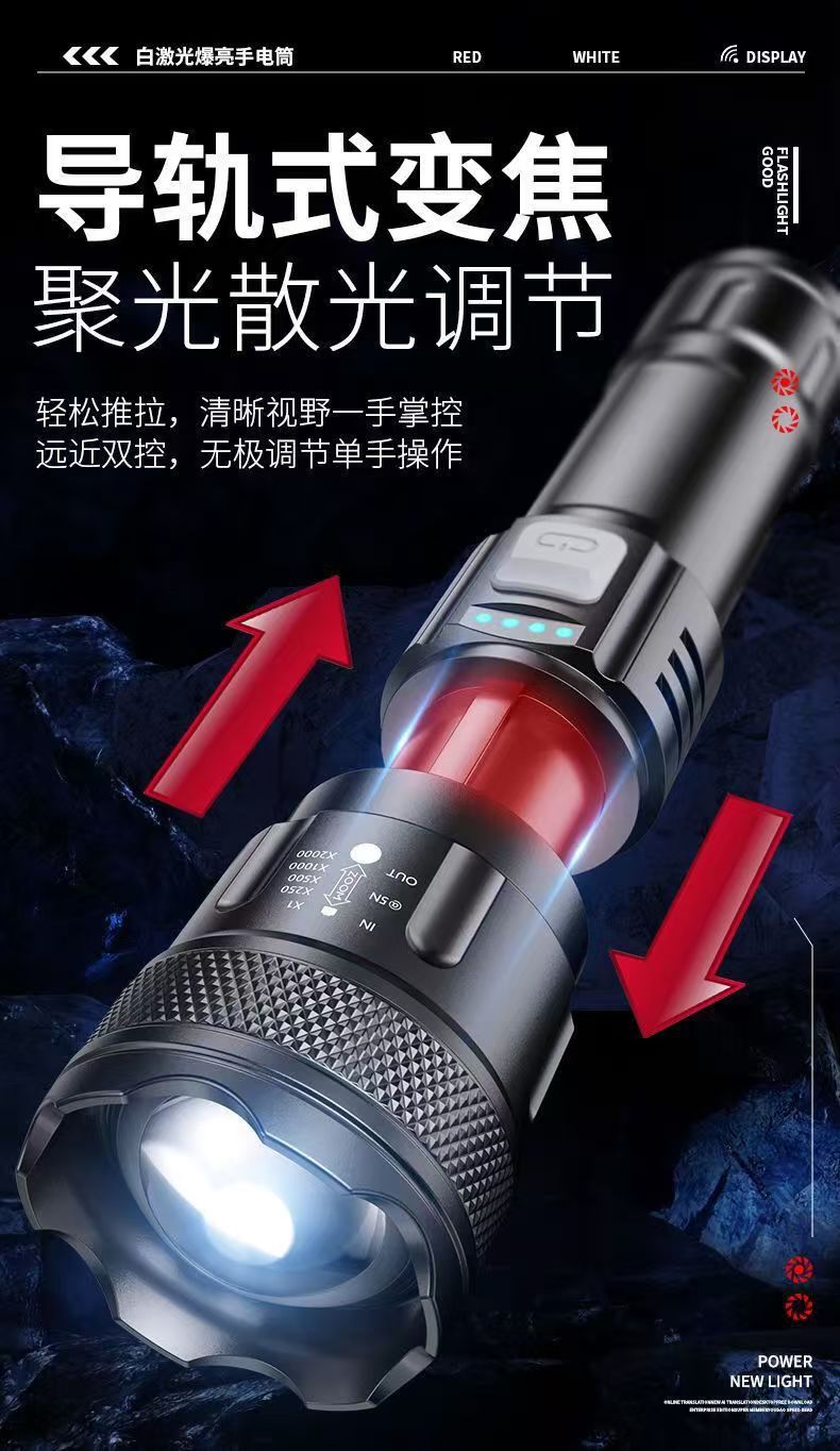 Cross-border flashlight USB white laser portable charging super bright emergency outdoor light zoom long-range spotlight