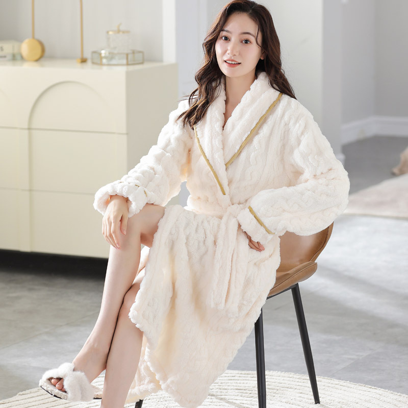 Winter women's long coral fleece pajamas thickened fleece-lined warm lace-up robe flannel bathrobe home wear