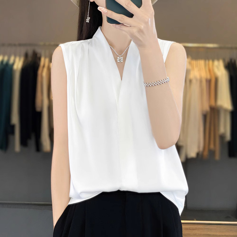 French Satin V-neck Shirt Sleeveless Top Women's Summer New Suit Inner Wearing Outer Wearing Elegant Small Top