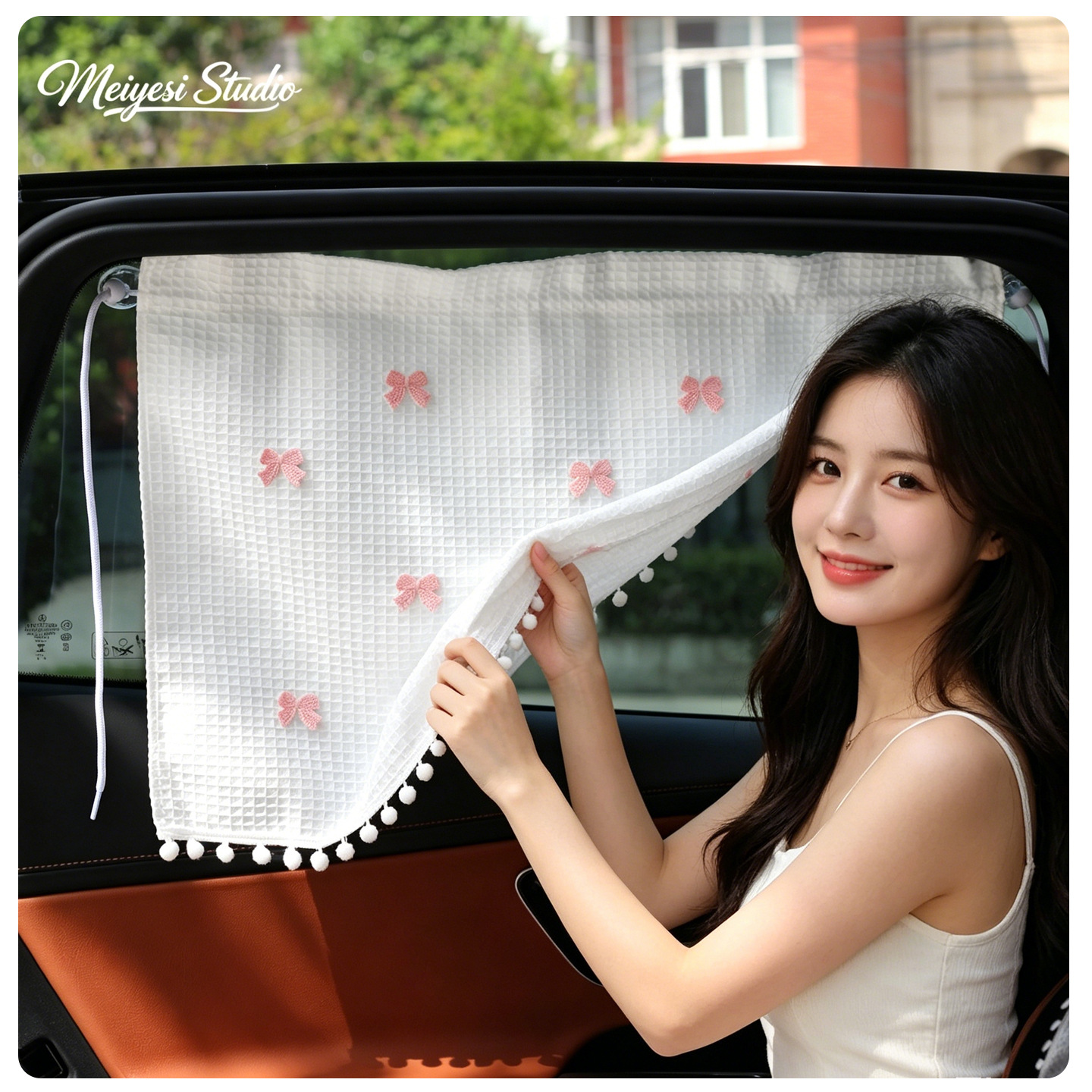Car sunshade waffle curtain with suction cup attachment, cherry pattern, cartoon sun-blocking and heat-insulating car curtain
