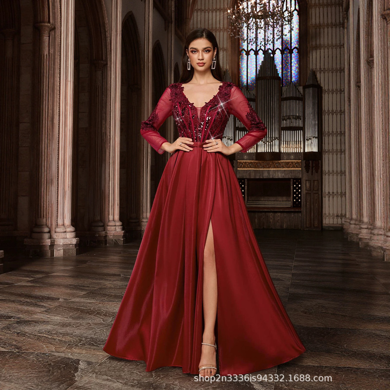 2025 Cross-Border Spring and Summer New European and American Women's Fashion Independent Brand Sequined Large Hem Sexy Long Dress with Trailing Tail Evening Gown