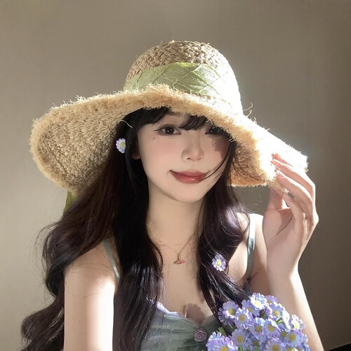 French bow Raffie straw hat women summer big hat brim sun protection hat beach beach vacation knit hat