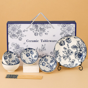 Cross-Border Tableware Set, Bowl Gift Box, Rose Bowl and Chopsticks Set, Underglaze Color Ceramic Dishes, Plates, Gifts, Wholesale Souvenirs