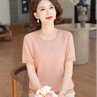 Mom's Summer Style 2025 Lapel New Style Middle-Aged and Elderly Women's Ice Silk Knitted Shirt Short-Sleeved T-Shirt Top