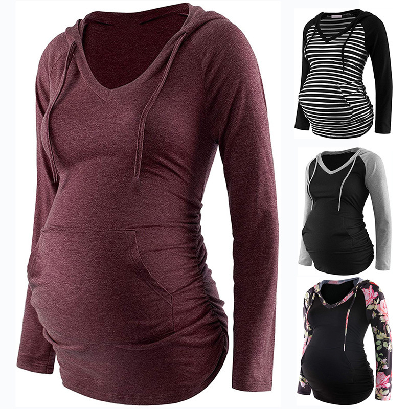 European and American 2021 Amazon Aliexpress Wish Autumn and Winter V Neck Hooded Color Block Long-Sleeved Flap Pocket Pants Maternity Top European and American 2021 Amazon Aliexpress Wish Autumn and Winter V Neck Hooded Color Block Long-Sleeved Flap Pocket Pants Maternity Top
