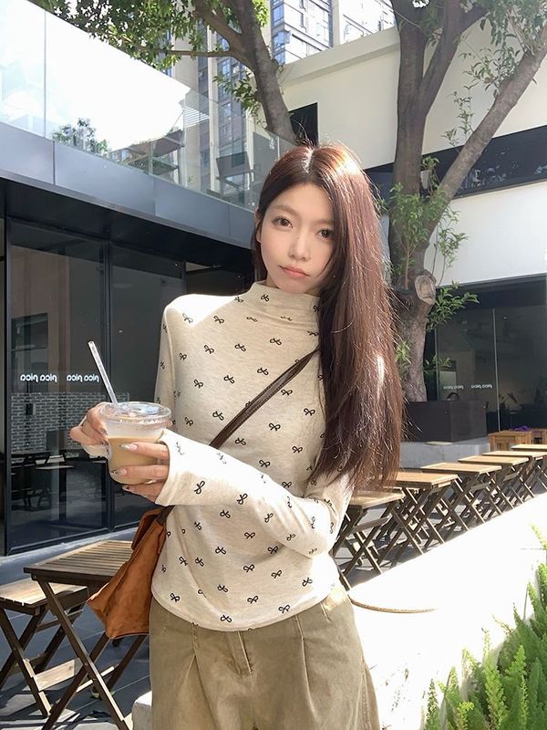 半高领德绒内搭打底修身上衣女秋冬季新款蝴蝶结碎花长袖T恤衫女|undefined