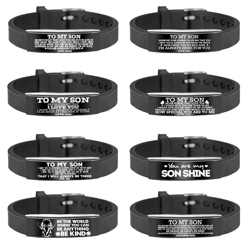 European and American Cross-border Hot Selling Silicone Bracelet for Son Stainless Steel Laser Lettering Inspirational Words Bracelet