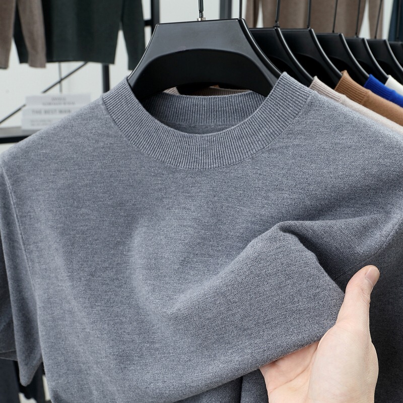 Cross-Border Foreign Trade Solid Color Knitted Short-Sleeved T-Shirt Men's Business Casual Round Neck Half-Sleeved Thin Sweater Base Knitwear