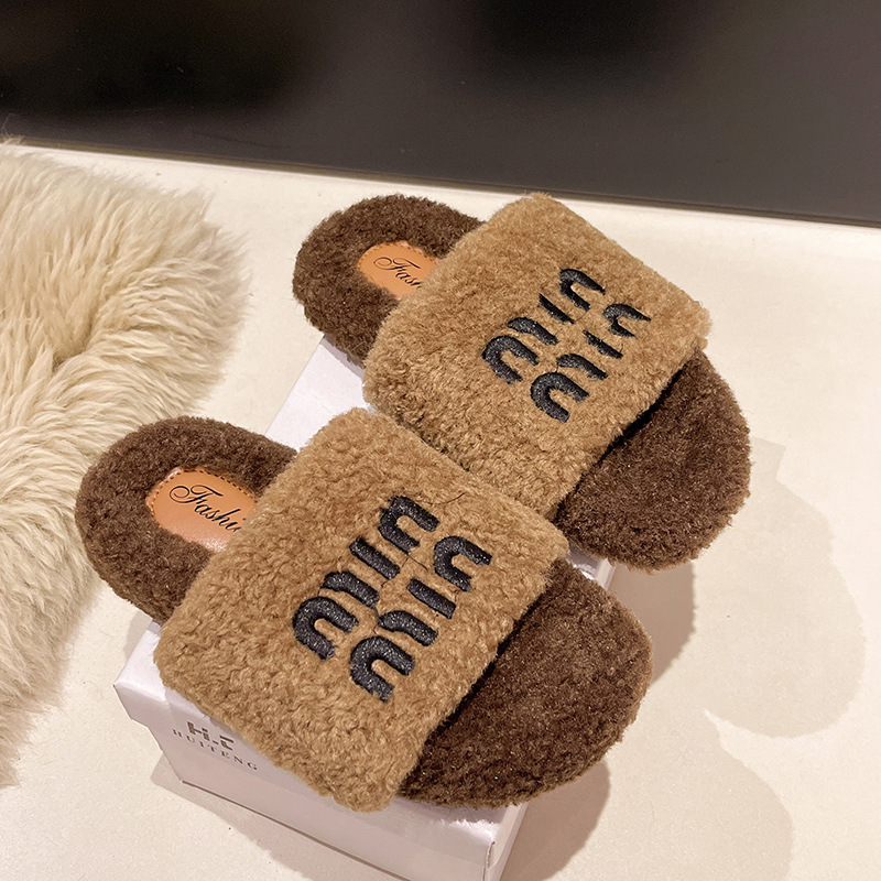 女性のためのアウターウェア毛皮のようなスリッパ 2025 秋と冬の新しいオープントゥ刺繍文字フラット羊毛ぬいぐるみ綿スリッパイン|undefined